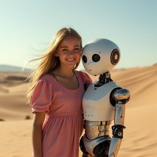 Girl taking selfie with robot in a desert. Natural style with real life elements. Joyful expression from girl interacting with robot.