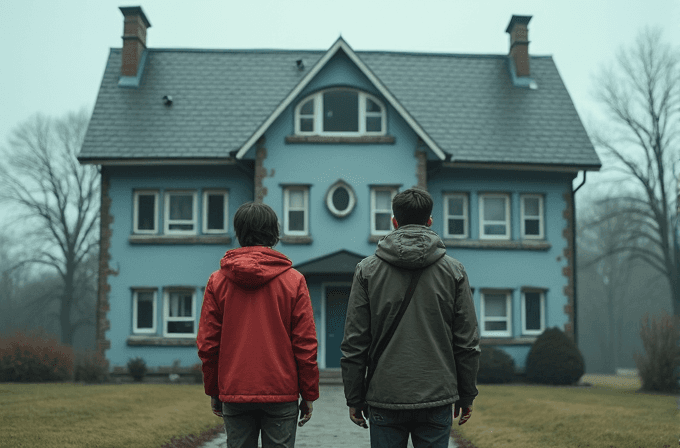 Two people stand in front of a large, blue house with steep roofing and multiple windows.