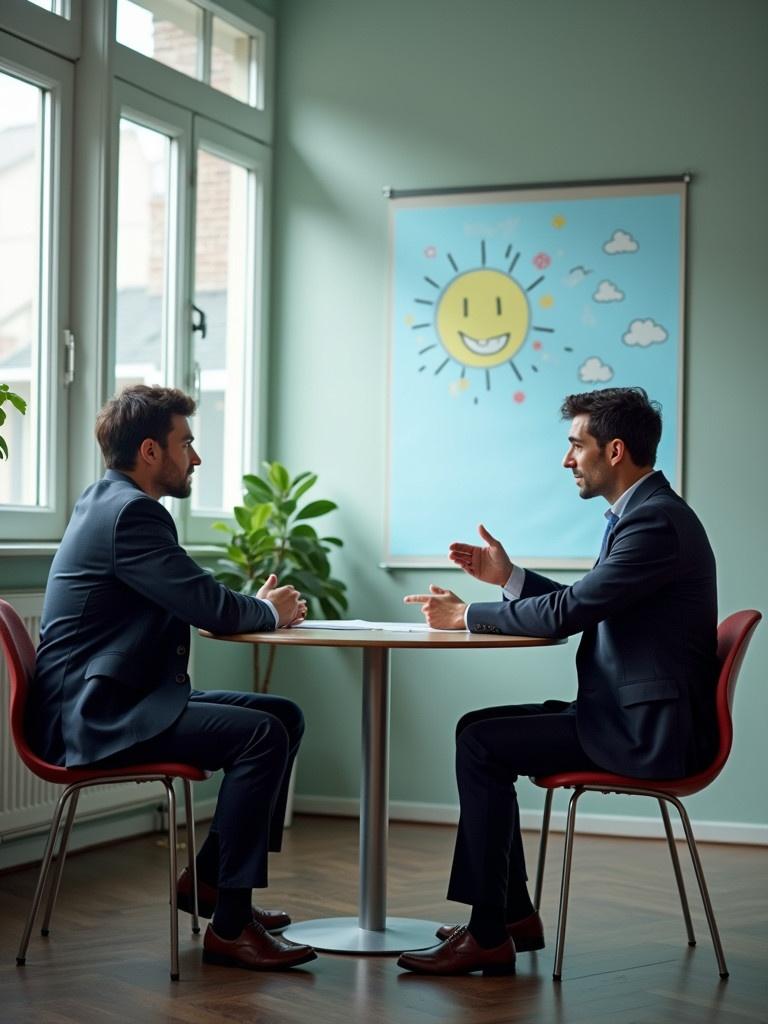 Two professionals at a table in an office setting having a serious conversation. Soft lighting with a green wall and a cheerful sun poster in the background. Focus on their body language and facial expressions reflecting the tension of the dialogue.