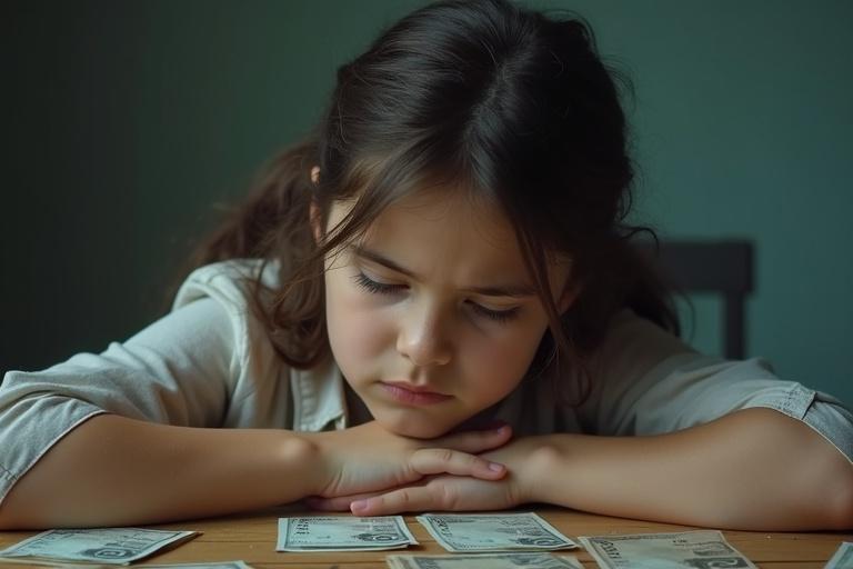 Realistic image of a girl with long hair sitting at a table with IOUs. The girl appears sad and thoughtful, resting her head on her arms. The background is soft and muted.