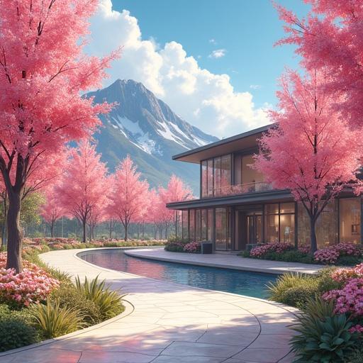 Futuristic park with cherry blossoms and modern architecture in summer. Scene depicts a luxurious home surrounded by nature. Morning setting with bright colors and a clear sky.