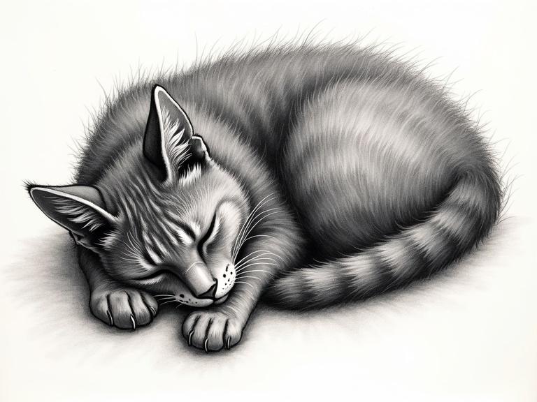 Detailed scratchy drawing of a sleeping cat in dark silver and light black. Features wet-on-wet blending and meticulous inking.