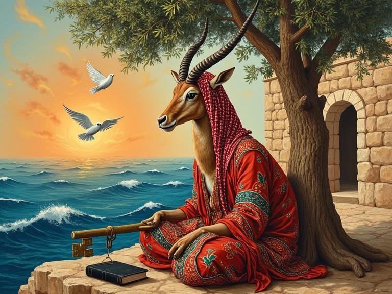 Anthropomorphic gazelle rests under olive tree by the sea. Gazelle wears red and white keffiyeh and embroidered thobe. One hoof holds a vintage key; the other is on a black book. Two doves fly overhead. Background includes waves, stone ruin, and sunset sky. Symbolizes Palestinian culture and resilience.