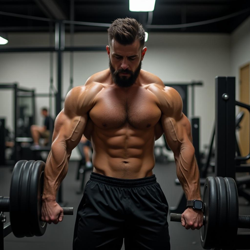 A muscular man focuses on his workout in a gym environment with weights in hand.