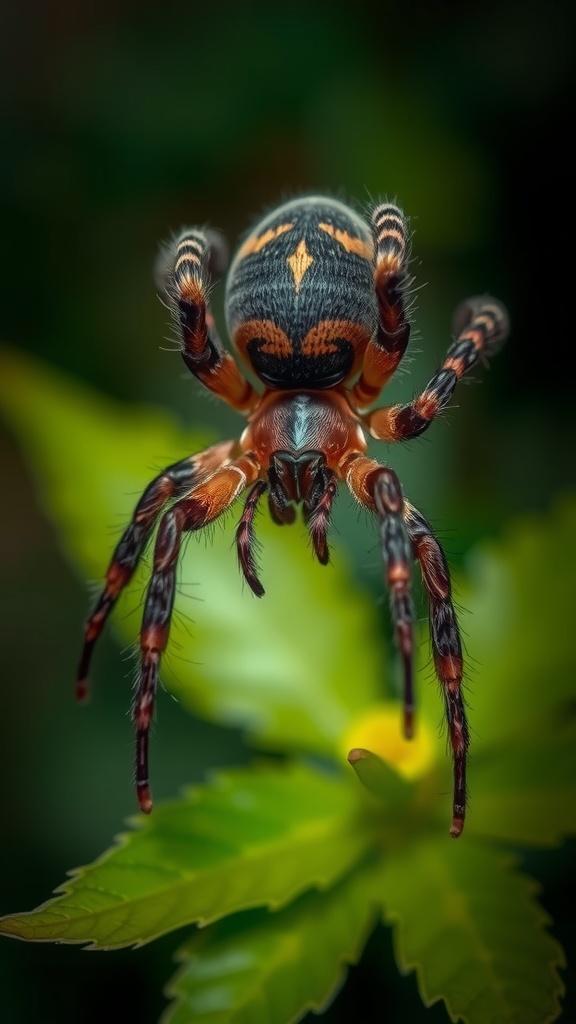 A detailed close-up of a vibrant, colorful spider on a leaf.