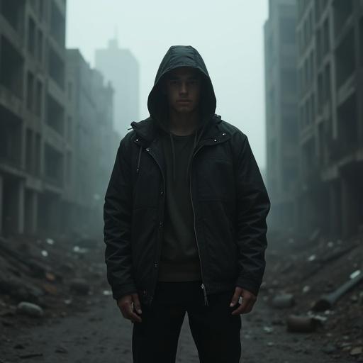 Young man stands in post-apocalyptic city. Dynamic pose suggests readiness. Serious expression and direct gaze at camera. Moody atmosphere with ruined buildings. Grayscale color palette. Wears hood and jacket. Soft light through haze creates drama. Composition resembles a powerful album cover.