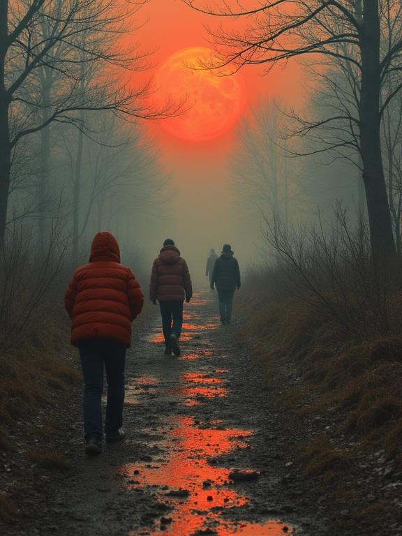 Path through a misty forest with silhouetted figures walking towards a large setting sun. The atmosphere is warm with fog and reflections on wet ground. The scene evokes feelings of contemplation and connection.