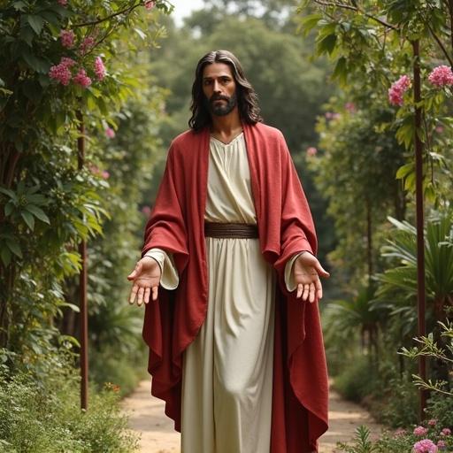 A super-realistic depiction of Jesus praying in a garden. He wears a flowing robe and stands with arms outstretched. The background features lush greenery and flowers, emphasizing a serene environment.