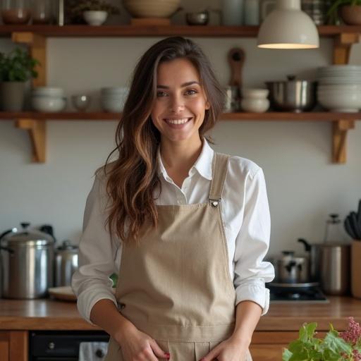 Brunette woman standing in the kitchen wearing an apron. Smiling and engaged in cooking. Modern kitchen decor with wooden shelves and kitchenware visible.