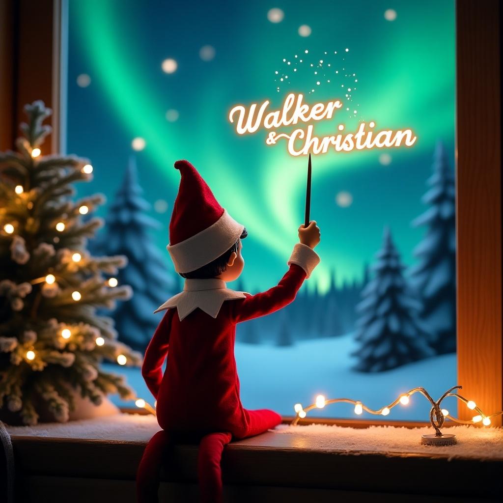 An enchanting Christmas scene featuring an elf on the shelf, who is facing the sky with his back to the viewer. The elf, dressed in red and white, wields a magic wand, writing 'Walker’ and ‘Christian’ in a glowing script above him. The backdrop is adorned with vibrant northern lights, adding a magical ambiance. The scene is festive, portraying the spirit of Christmas with a whimsical twist. The elf's position and action create a sense of wonder and excitement that captures the joy of the holiday season.