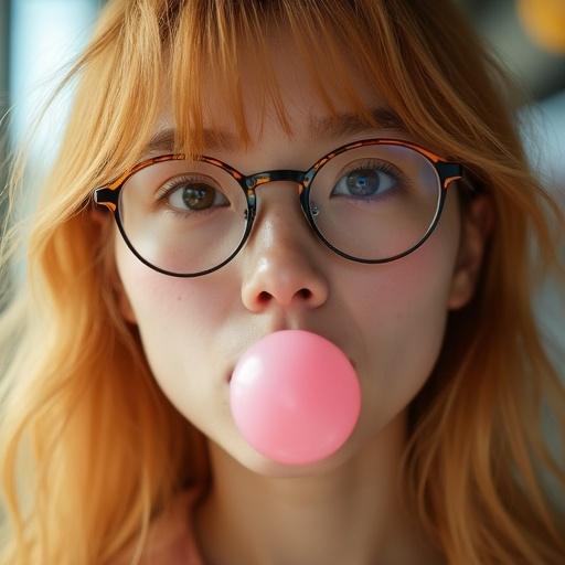 Close-up shot features girl with golden hair blowing bubble gum. She wears thin line glasses. The scene has a casual and cute vibe. Influences from Japanese style are present.