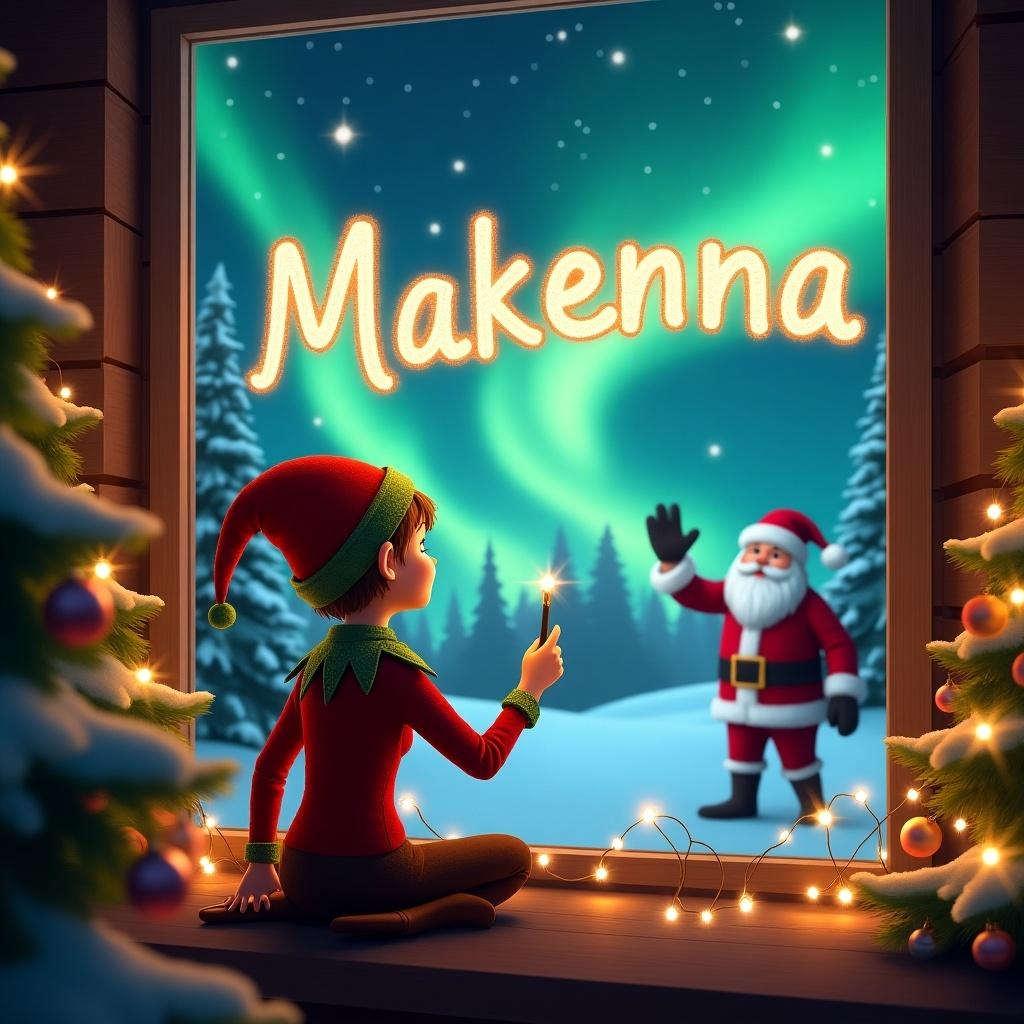 Magical Christmas scene with an elf writing 'Makenna' in sparkling letters. Elf faces the window, using a wand. Outside, Santa Claus waves, surrounded by decorated trees and lights. Enchanting atmosphere captured beautifully.