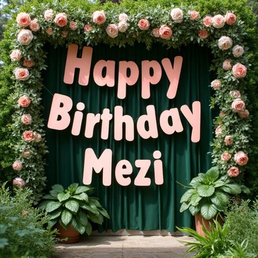 A decorative backdrop features a garden theme. A large banner displays the message 'Happy Birthday Mezi'. The design includes green fabric and rose gold accents. Flower arrangements adorn the top. The setting is tranquil and intimate without any people.