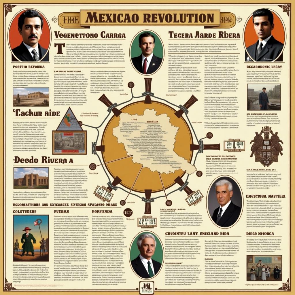 Illustration of the Mexican Revolution highlighting key figures and events. Focus on Porfirio Díaz and Venustiano Carranza. Includes timeline of major events. Emphasizes cultural and social changes during the revolution. Educational resource about Mexico's historical significance.