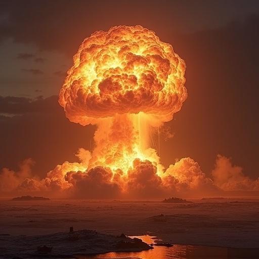 Depiction of atomic bomb explosion. Large mushroom cloud. Bright fiery colors. Dark background. Expansive sky with clouds.