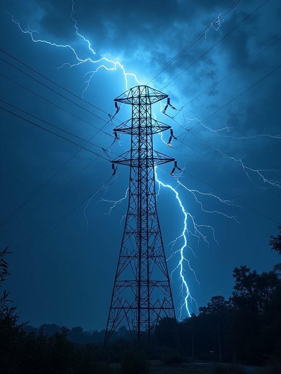 Image for a book cover focusing on electricity with a prominent power tower and lightning in the background.