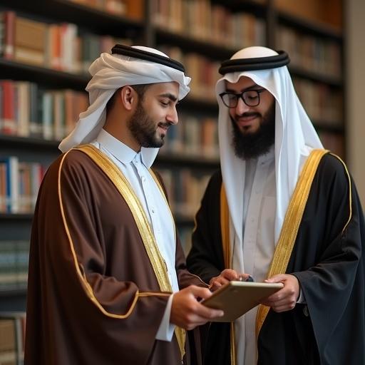 Two men in traditional attire collaborate over a tablet in a library setting. Men appear engaged and focused on learning. Background features bookshelves filled with books.