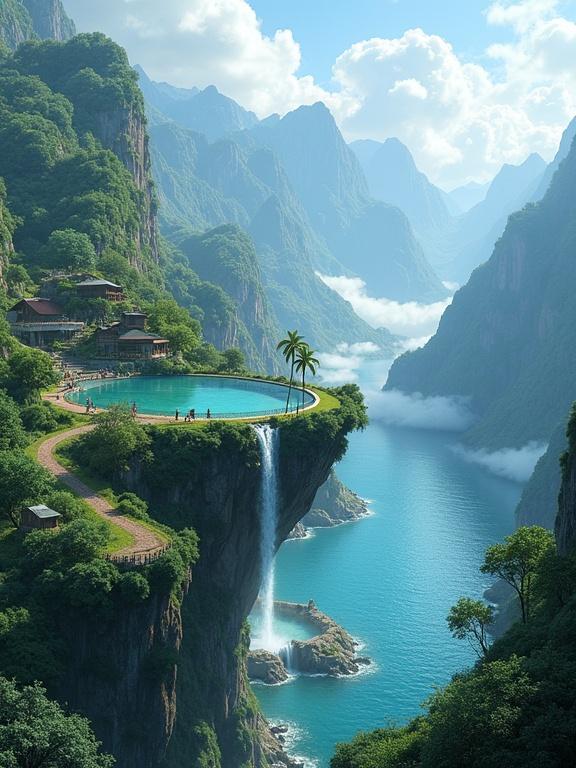 Digital painting depicting a mountaintop lake surrounded by green vegetation. Lake is located on the edge of a cliff with a waterfall flowing below. There are small houses and palm trees nearby. Misty mountains are in the background, creating a dreamy scene. Visitors walking along the path encircling the lake.