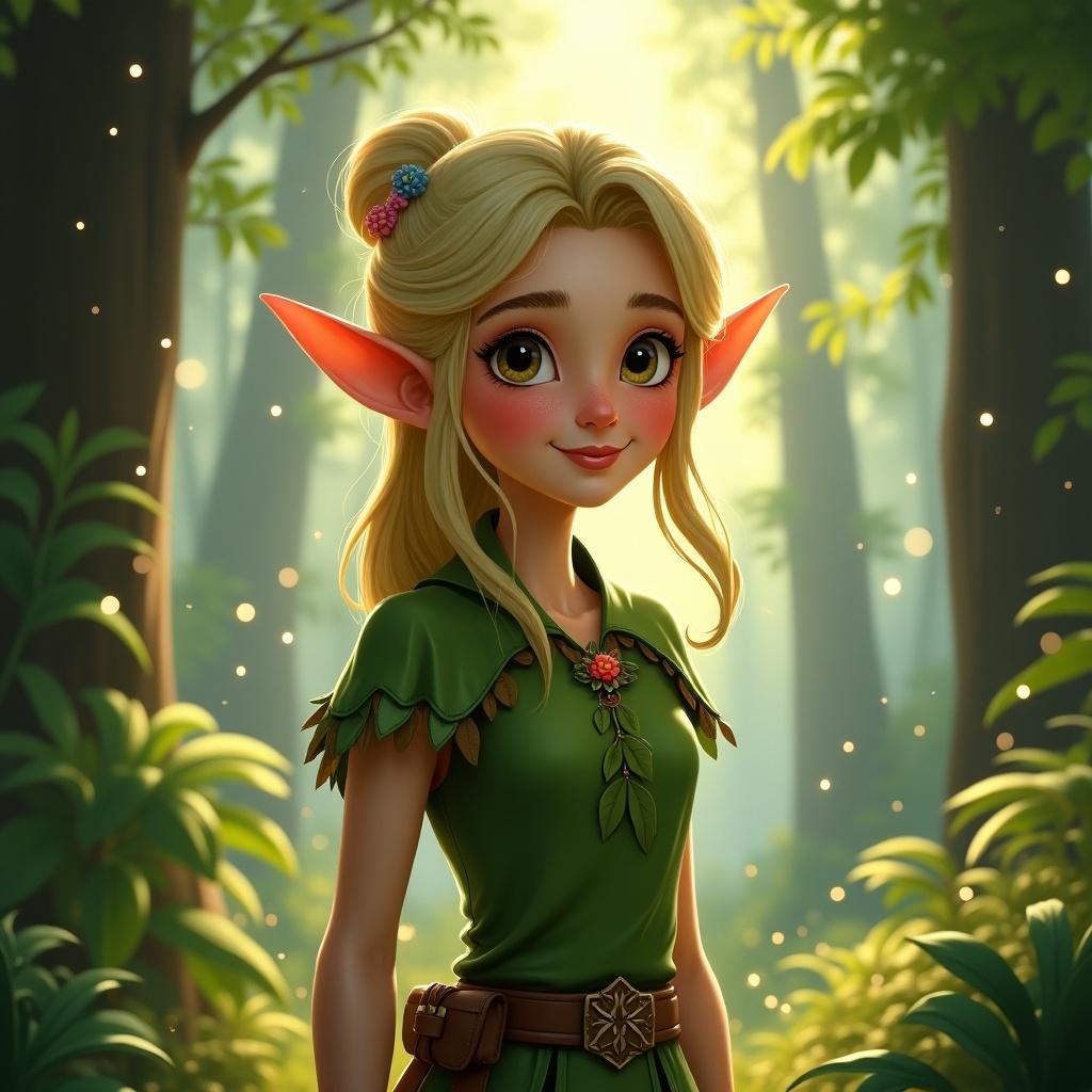 Elf character in a beautiful forest setting. Ethereal glow surrounds the figure. Bright and vibrant colors, showcasing fantasy elements.