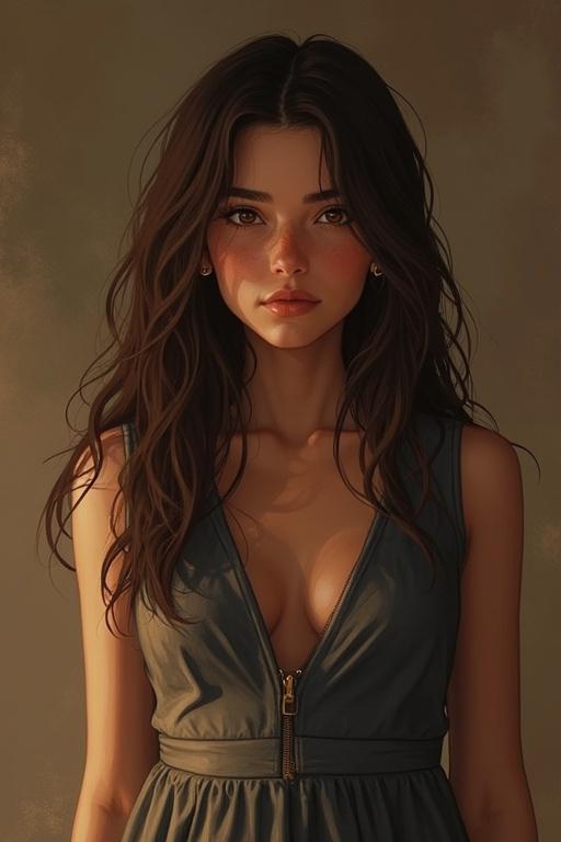 Portrait of a young woman with long dark hair in a zippered dress. She has a thoughtful expression. The background is subtle and textured. The lighting emphasizes her features.