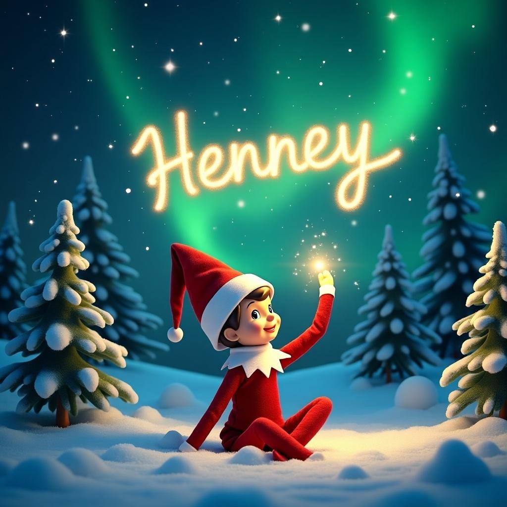 Enchanting winter scene features a playful elf sitting in the snow. The elf in festive red costume joyfully writes 'Henney' in the night sky using a glowing light. Vibrant greens of northern lights illuminate the scene. Snow-covered pine trees surround the elf, enhancing the festive atmosphere.