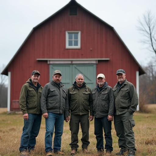 Group of five ham radio operators standing in front of a red hip roof barn. Individuals dressed in outdoor attire. Barn is a rural setting. Slightly overcast weather.