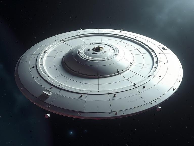 A large-scale circular UFO base ship is floating in space. The ship has a smooth sleek surface with a white futuristic design. The ship measures 1000 feet in width. It reflects light and casts shadows, creating a detailed realistic appearance. The surrounding space has a planet's atmosphere and stars in the background.