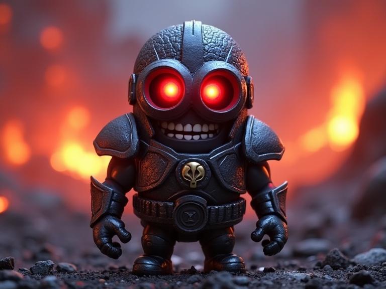 A minion with a sinister appearance, featuring red glowing eyes like Darkseid. The armor has a stone-like texture. The background depicts Apokolips landscape with fire and ash. The style resembles 3D animation like Pixar.