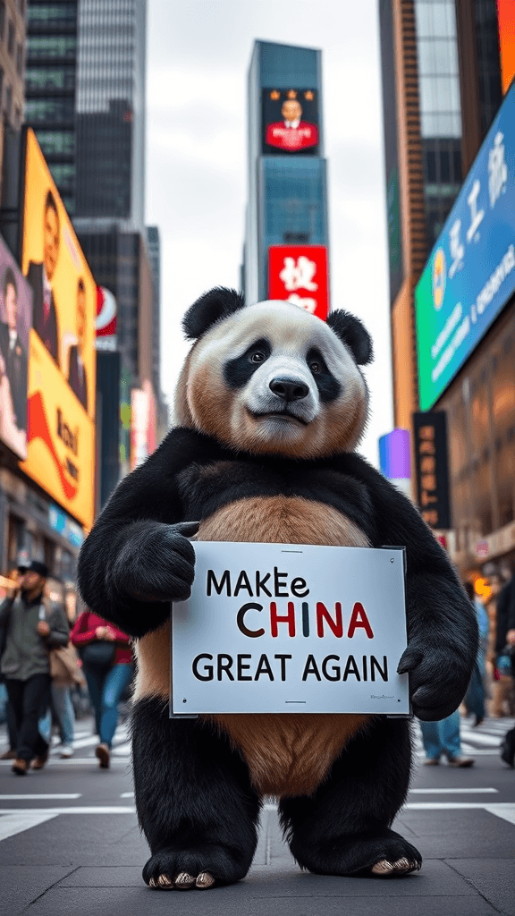 A panda holding a sign reading 'Make China Great Again' stands in a bustling cityscape with vibrant advertisements.