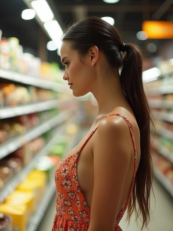 Candid photo of a beautiful woman shopping for groceries. She looks at the shelf while wearing a floral sundress with a wide neckline. Captured in a grocery store aisle full of products. Focus on her side profile and the vibrant colors of the environment.