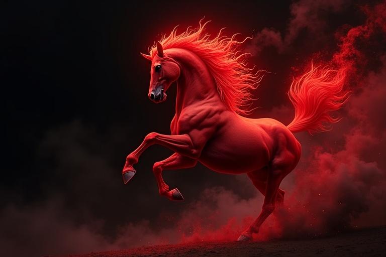 A majestic red fiery horse rearing up against a dark swirling anime black background.