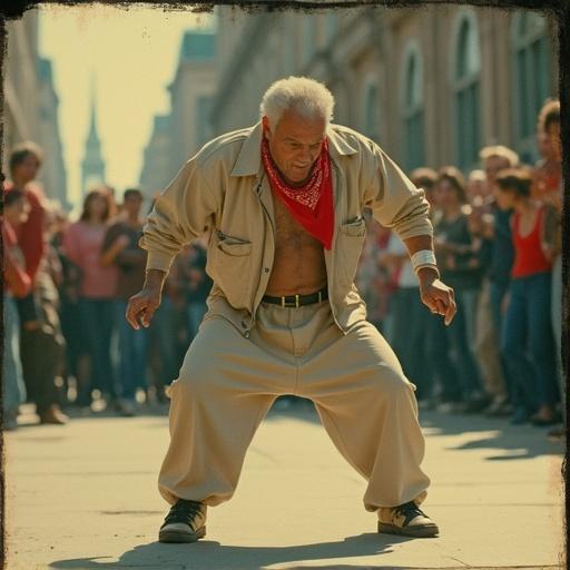 Grainy image in 1990s polaroid style shows a breakdancer in baggy hip-hop outfit. The dancer wears a red bandana and showcases energetic moves in an urban setting surrounded by a crowd.