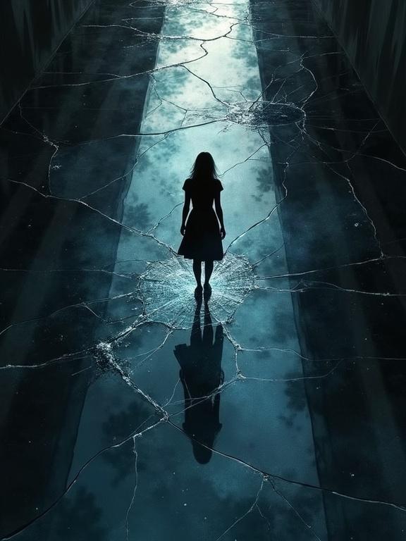 Top down view of a digital watercolor painting. Smooth strokes create a black background with noir and surreal elements. Unique silhouette of a woman on cracked glass. Reflections beneath the glass show a cosmic void.