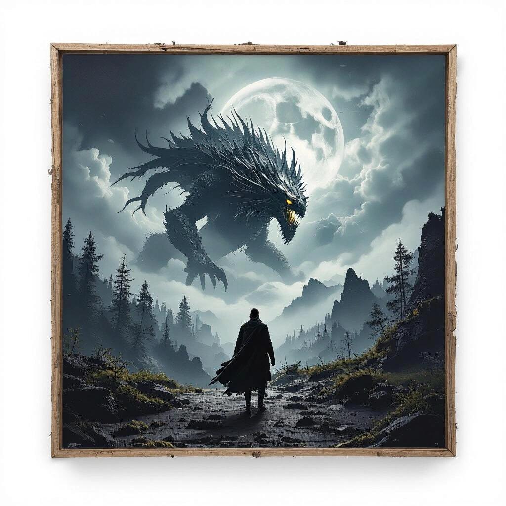 Epic artwork depicting a large creature and a lone figure. Dark atmospheric landscape under a full moon. Creature appears menacing and majestic. Scene evokes feelings of adventure and tension.