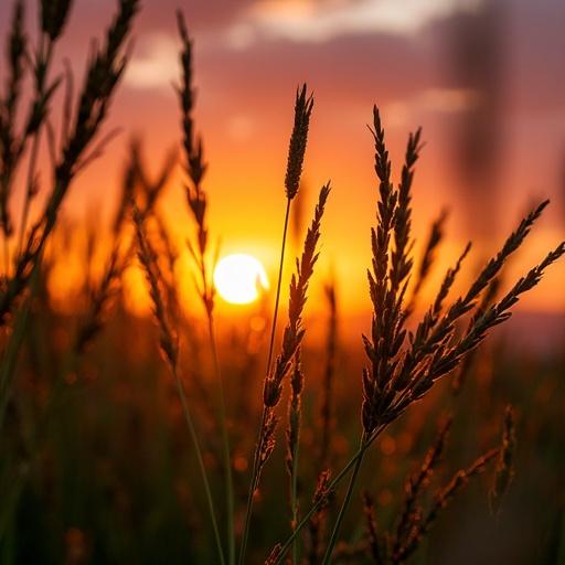 Close-up view of exotic African vegetation during sunset. Warm colors of the setting sun fill the background. Silhouetted grasses create a beautiful foreground.