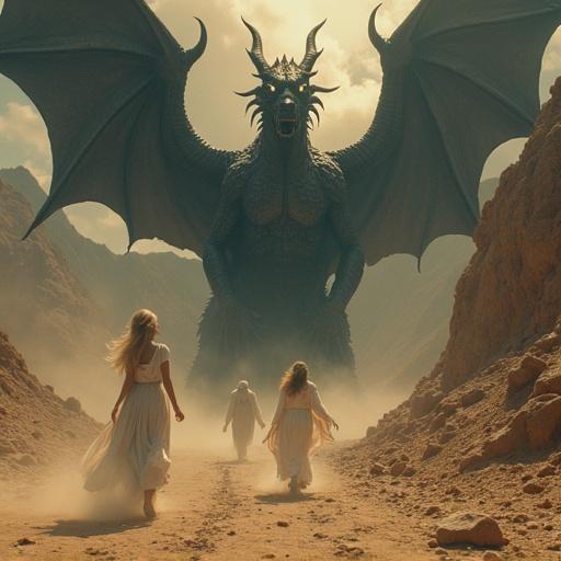 A woman in white flees through desert pursued by dark spirits. Mountains crumble behind her. A deformed dragon rises from a crater, eyes blazing with rage. The camera spins as he screams into the sky. Stars fade; Earth falls into spiritual darkness.