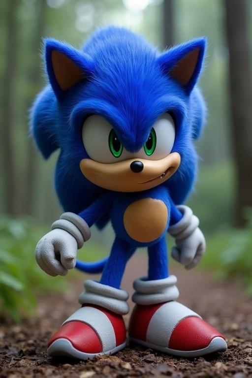 Image of Sonic the Hedgehog in a forest. Character has bright blue fur and is standing confidently. Classic red shoes and gloves. Background shows blurred trees in woodland setting.