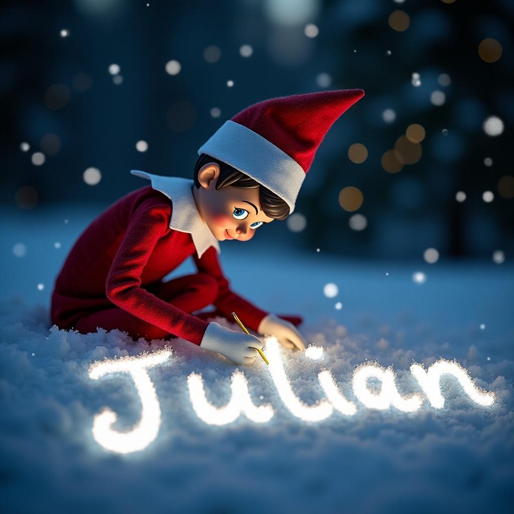 In a magical winter setting, an Elf on the Shelf is writing a little boy's name, 'Julian', in the snow. The elf is dressed in a bright red outfit with a white collar and hat. Using a golden pen, the elf creates cursive letters that glow with light. Soft snowflakes fall around, adding to the enchanting atmosphere. The scene is lit softly, making the elf and the name stand out against the snowy background.