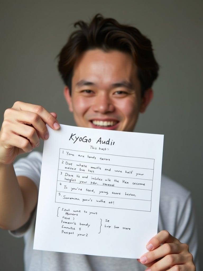 A person is holding a piece of paper. The paper shows handwritten details about KyoGo Audio. The person's right arm and hand are fully visible. The individual is smiling.