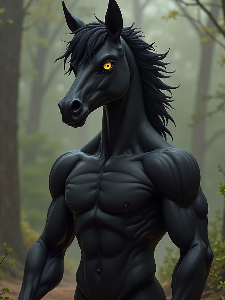 Fantasy creature with a black muscular horse body and human torso. Features dark yellow eyes and medium-length hair. Surrounded by a misty forest environment.