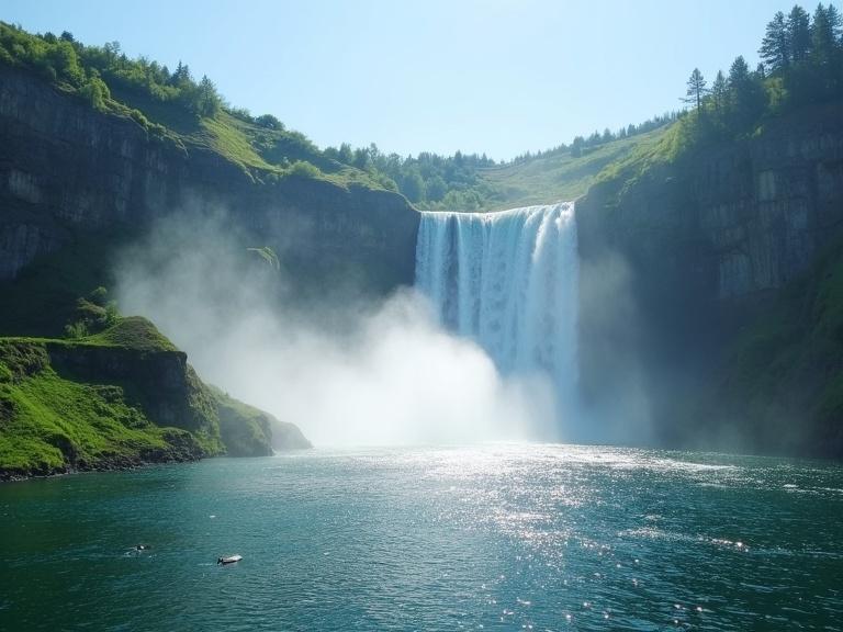 A powerful waterfall cascades down cliffs into a serene lake. Lush green landscape surrounds the water. The lake reflects a clear blue sky. Sunlight creates a sparkling effect on the water and mist rises from the waterfall.