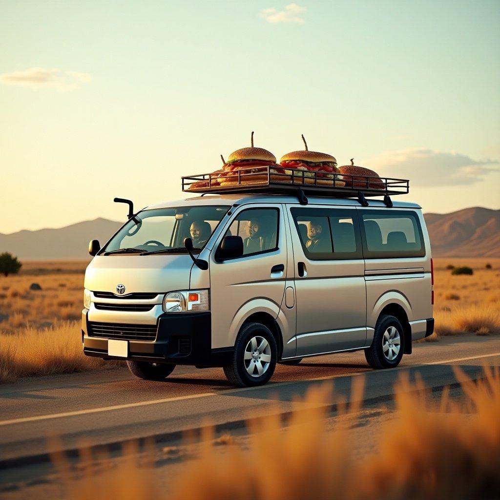 Silver van travels through food landscape. Van carries large burgers on roof. Bright desert scenery surrounds the road. The scene captures a sense of adventure and food enjoyment.