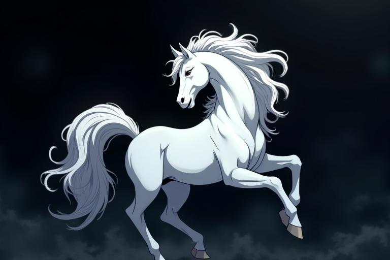 A majestic white anime horse rearing up against a dark, swirling black background.