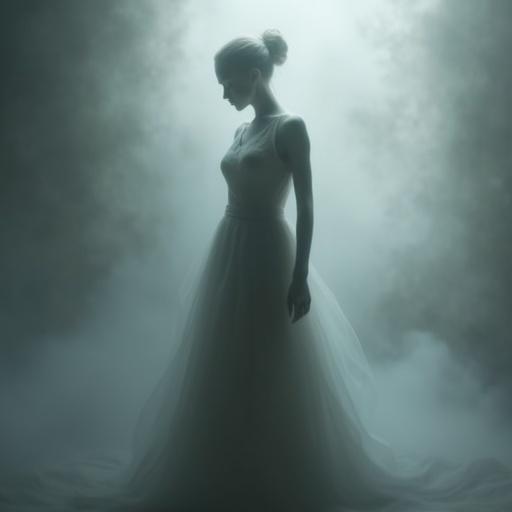 Ethereal genderless human silhouette depicted in an abstract form with no facial features. Background features mist and soft light.