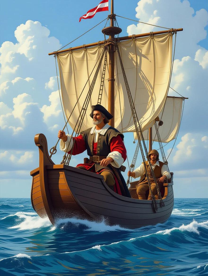 Christopher Columbus sailing on a wooden ship across the Atlantic. The ship has sails raised and is cutting through the waves. The setting is bright and depicts fluffy clouds in the background.