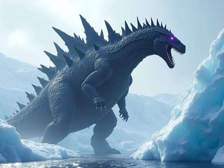 Huge black dinosaur with spikes and glowing dorsal fins roaring in snowy Antarctica. Ice and snow are falling off as it breaches through glacier. Ice is cracking.