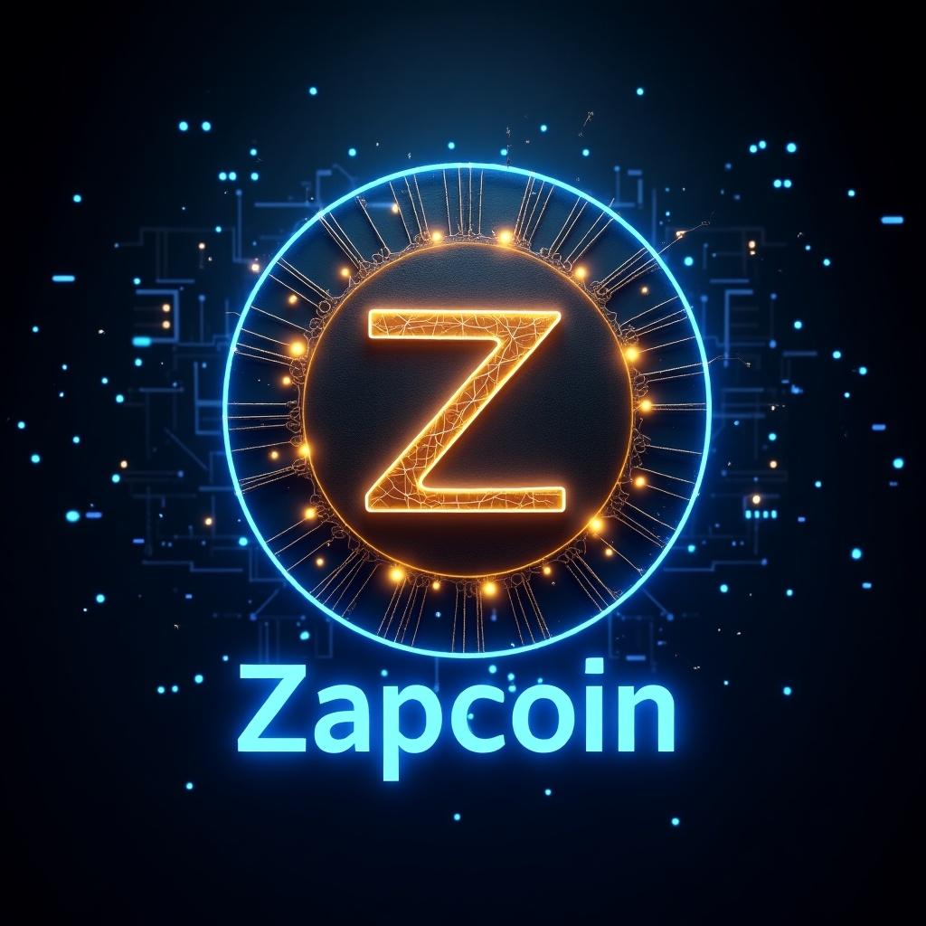 Futuristic sign symbolizes cryptocurrency called Zapcoin. Coin icon glows with neural network pattern. Electric blue and gold colors illuminate design. Background shows digital matrix effect. The word Zapcoin displayed in futuristic font.