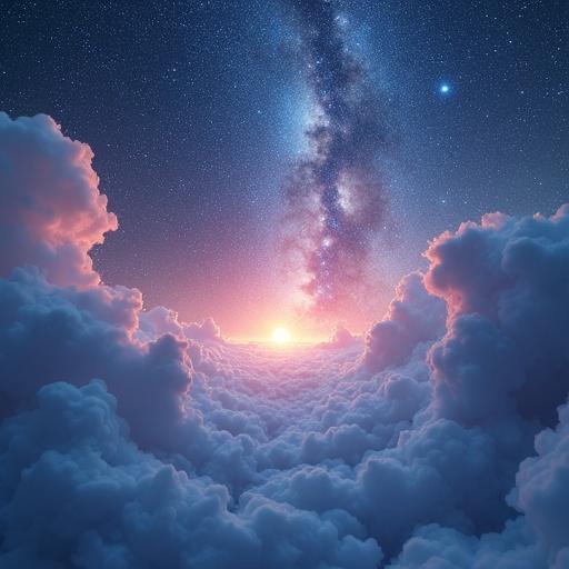 The sky folded like paper edge revealing a vivid galaxy behind it. Shimmering stardust flows out in a surreal atmosphere. Fantasy style with ultra detailed and soft ethereal light.