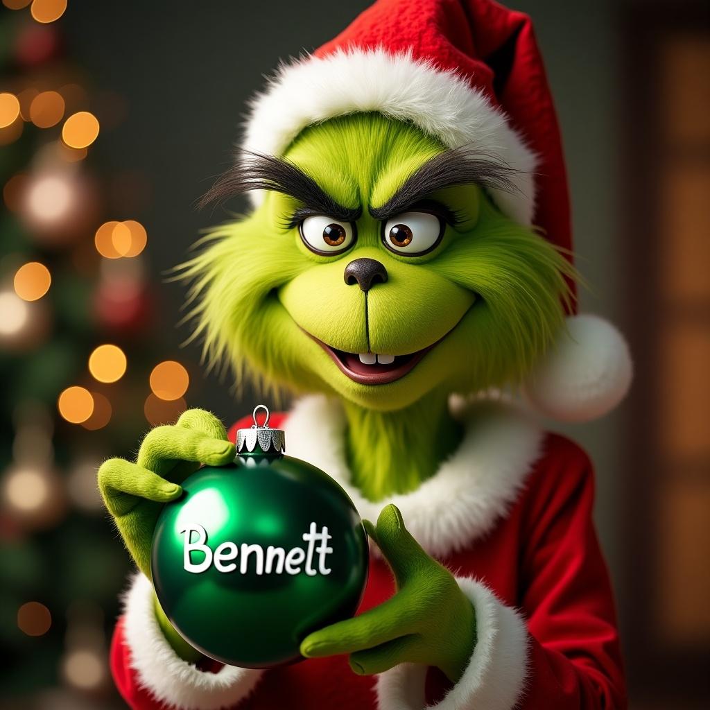 The Grinch in a Santa costume holds a green Christmas ornament. The ornament has the name 'Bennett' written on it.