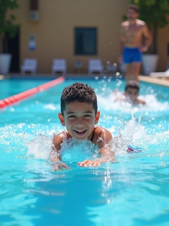 A young boy swims joyfully in a sunlit outdoor pool during training. Water splashes dynamically around him. He wears red and blue swim shorts. Other children swim nearby. A male coach observes. Bright lighting creates an energetic atmosphere.